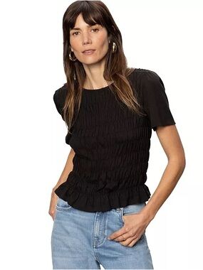 Sanctuary Black Smocked Short Sleeve Top